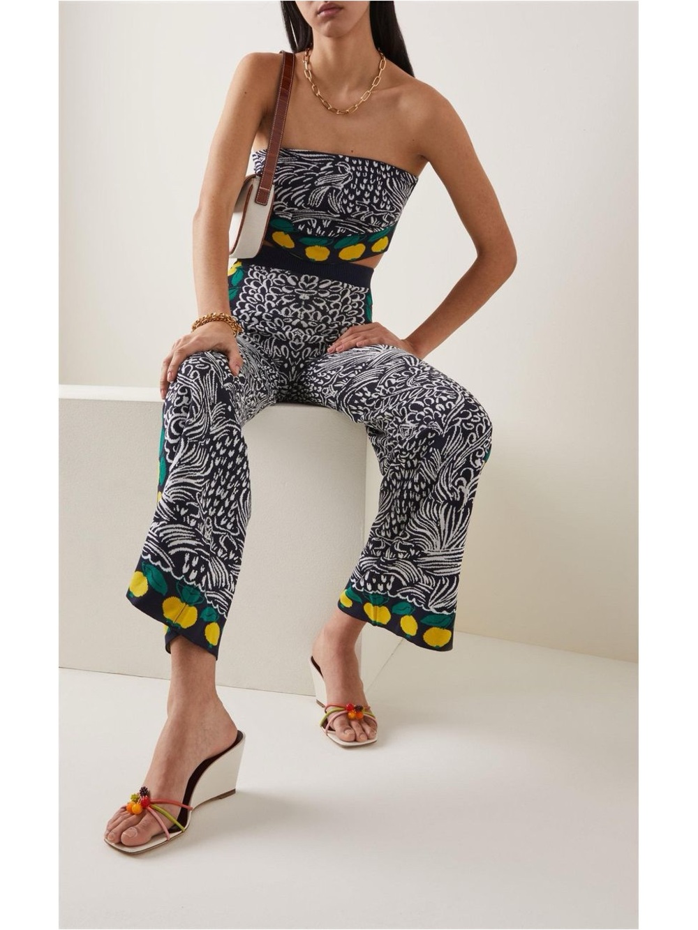 STAUD Black & White Printed Strapless Wide-Leg Jumpsuit with Yellow Accent